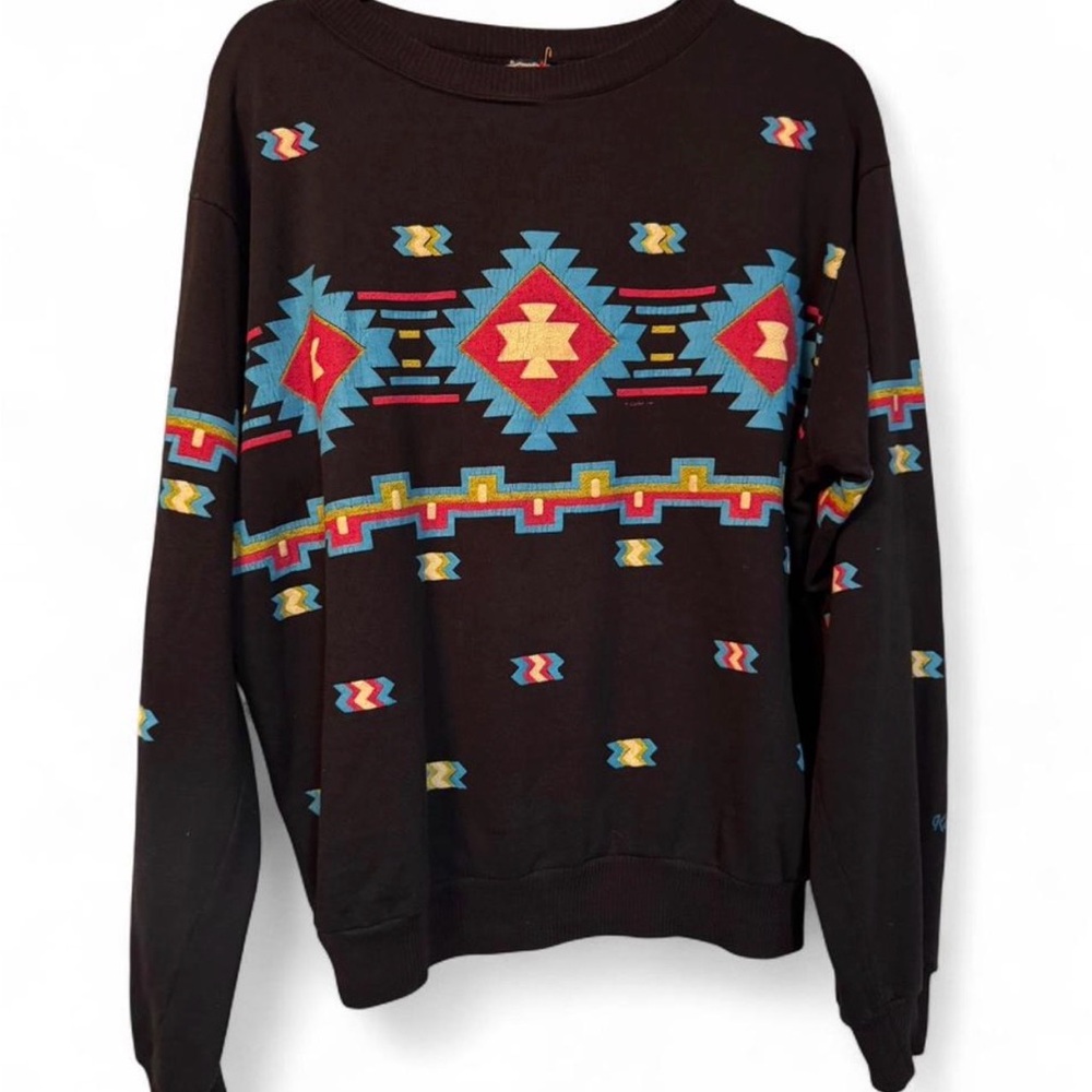 Black vintage 90s Aztec patterned pullover sweatshirt kalaloch lodge Washington